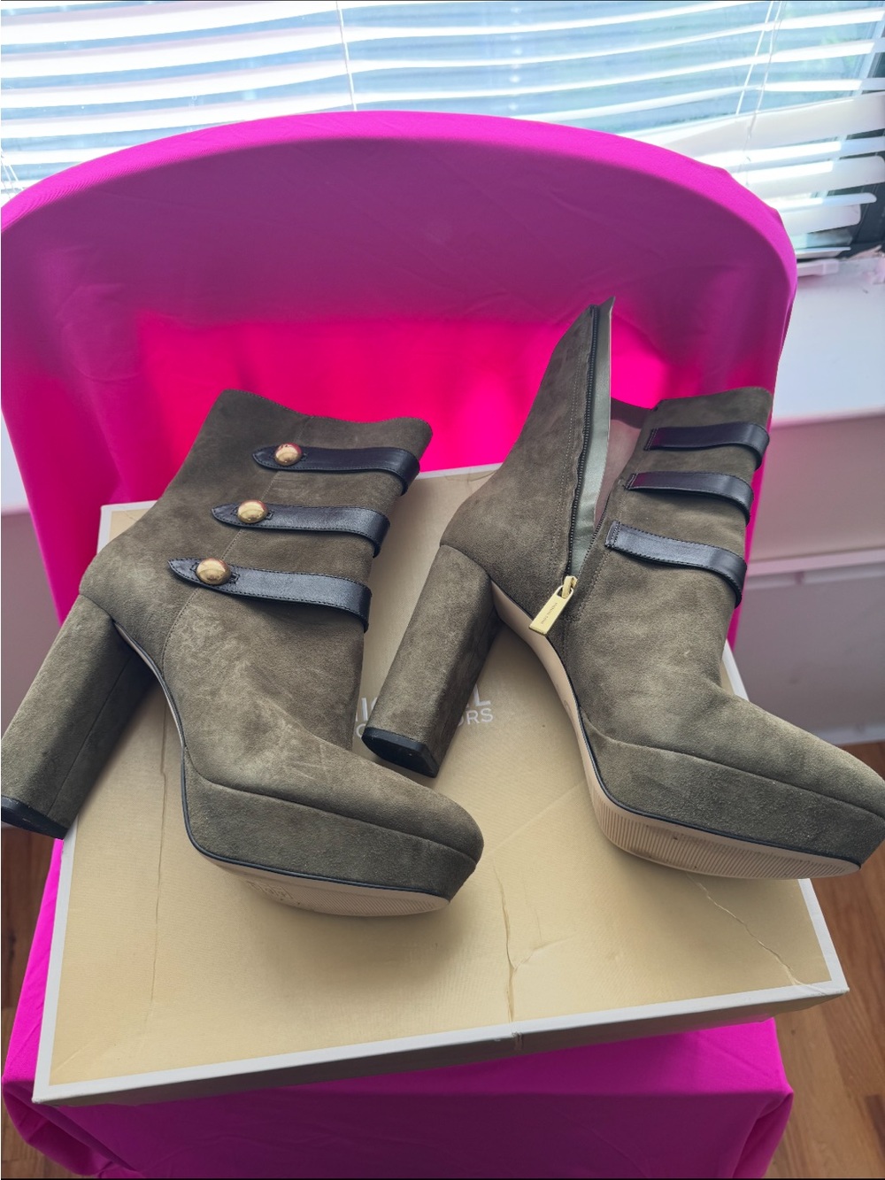 Michael Kors Olive Suede Platform Ankle Boots with Black Straps